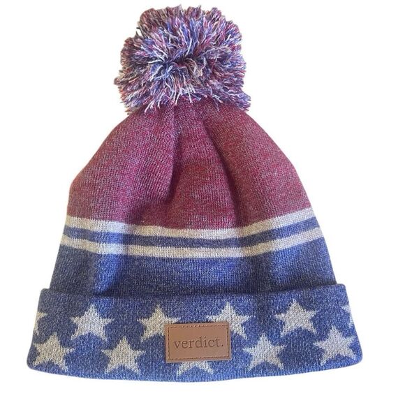 Verdict Knit Pom Beanie Red White Blue Stars NWOT - Picture 2 of 10